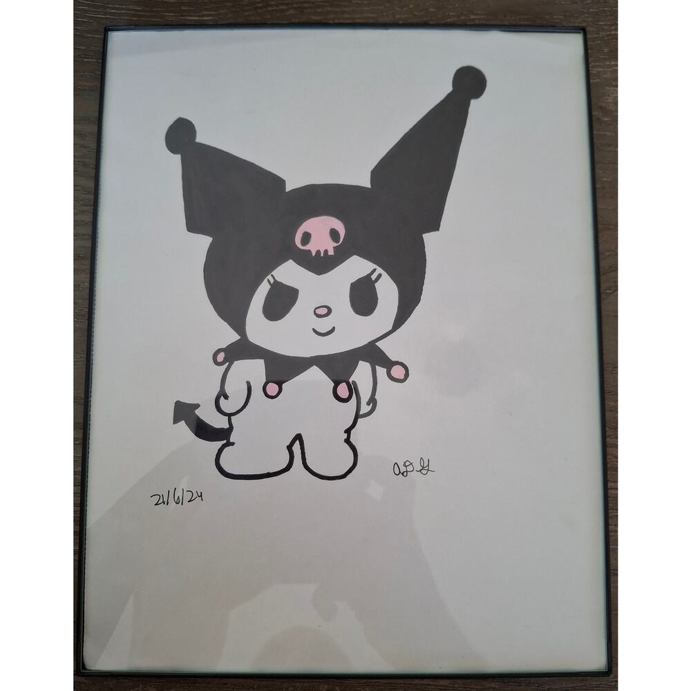 Home Decor Anime Sanrio Hello Kitty Kuromi Hand Drawed Size 8.5 X 11 Framed